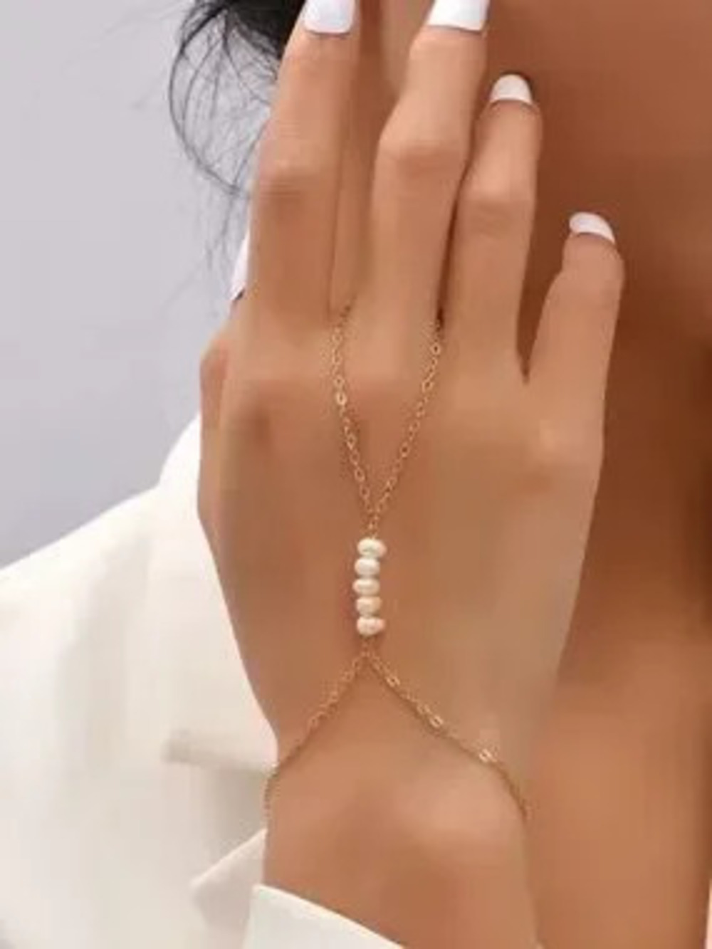 Gold Pearl Hand Chain finger Bracelet - Elegant White Pearl Slave Bracelet